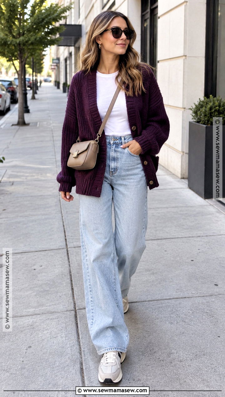 Oversized Cardigan With T Shirt And Baggy Jeans - 15 cozy fall cardigan style ideas