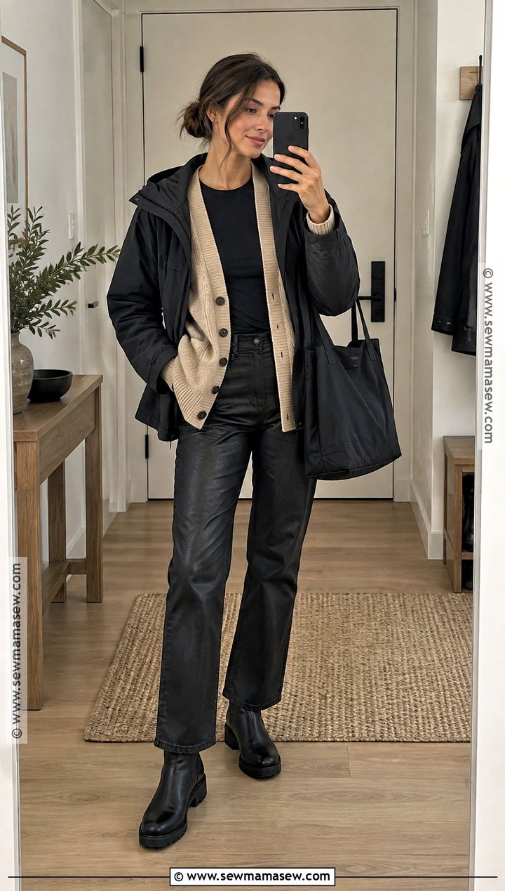 Oversized Cardigan With T Shirt And Coated Jeans - 15 cozy fall outfits casual rainy day