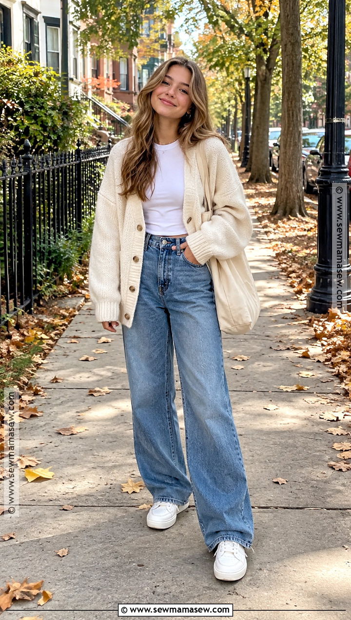 Oversized Cardigan With Wide Leg Jeans - 15 girls fall fashion ideas 2026