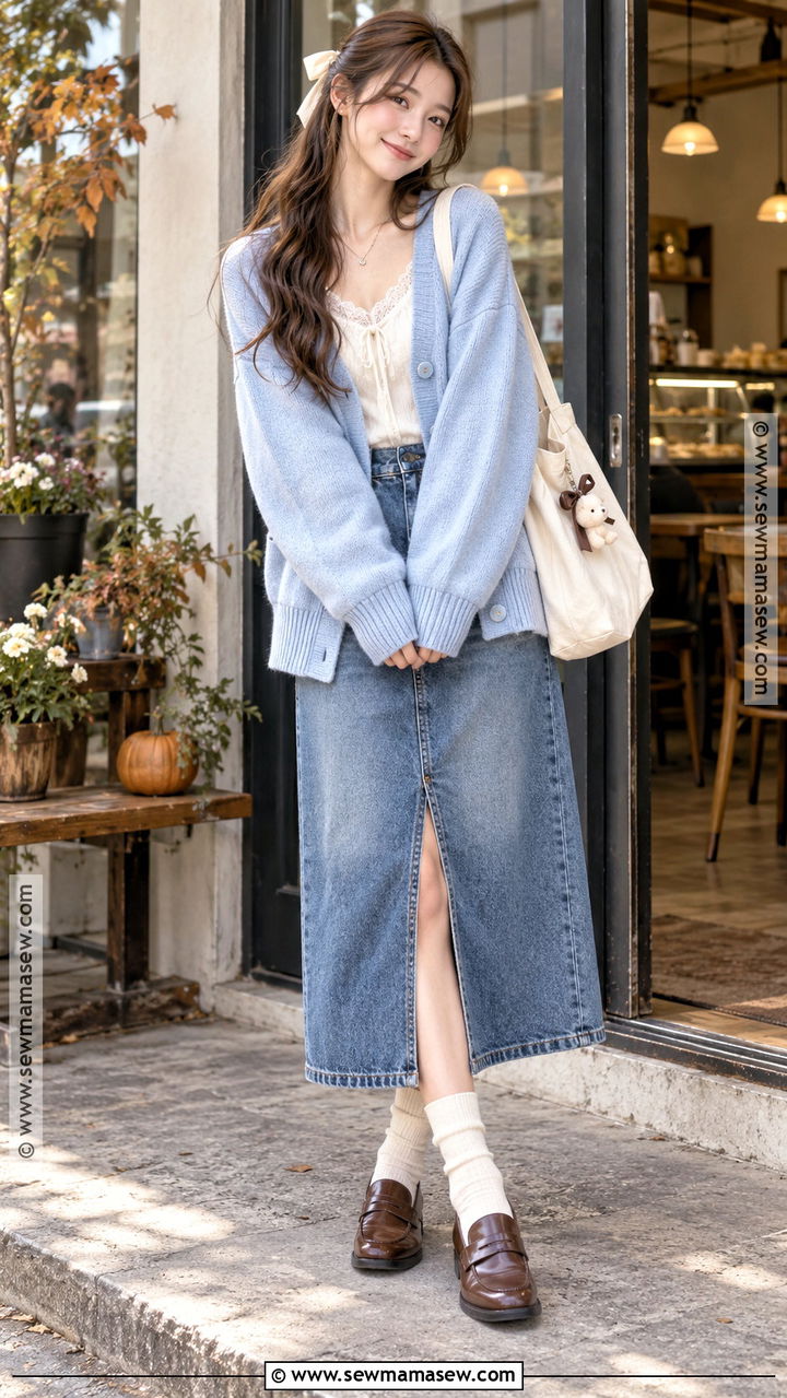 Oversized Cardigan and Denim Midi Skirt Shoujo Outfit - 20 Fall Shoujo Outfits