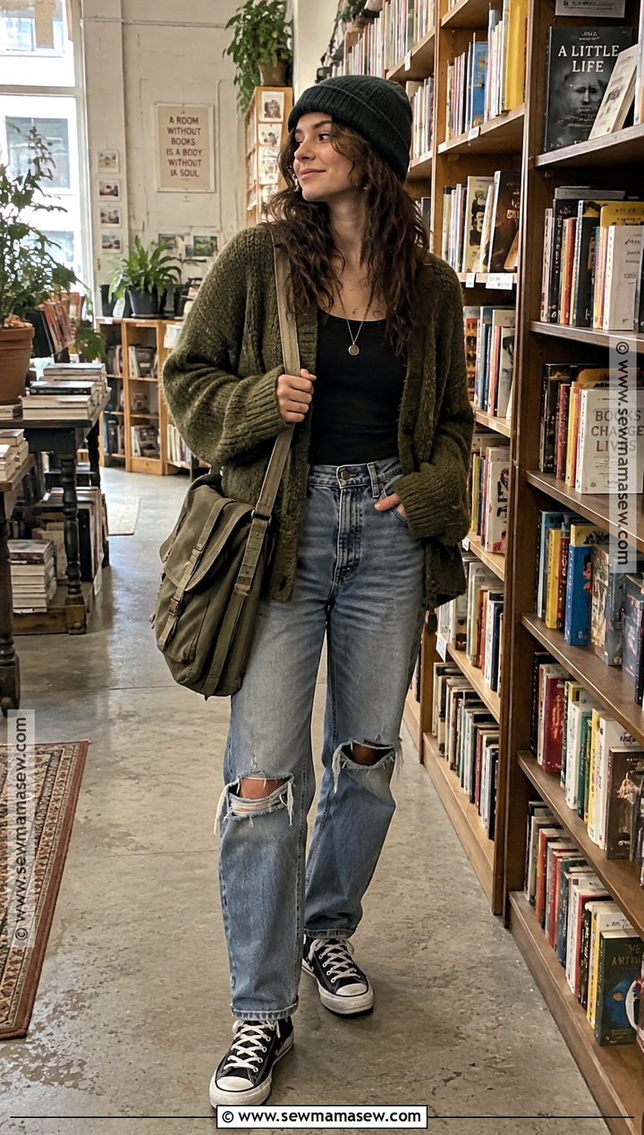 Oversized Cardigan and Distressed Denim Grunge Outfit - 15 casual grunge outfits fall