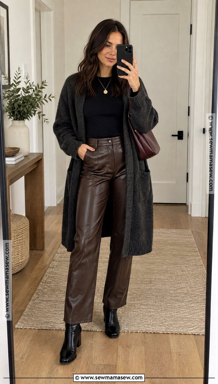 Oversized Cardigan and Leather Pants Fall Outfit - 15 Moody Fall Outfits for Women