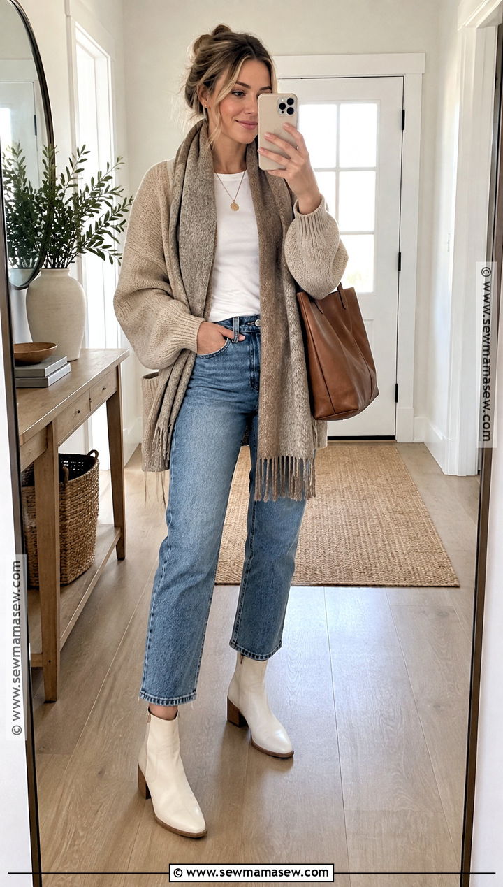 Oversized Cardigan and White Ankle Boots - 20 white boots outfit fall