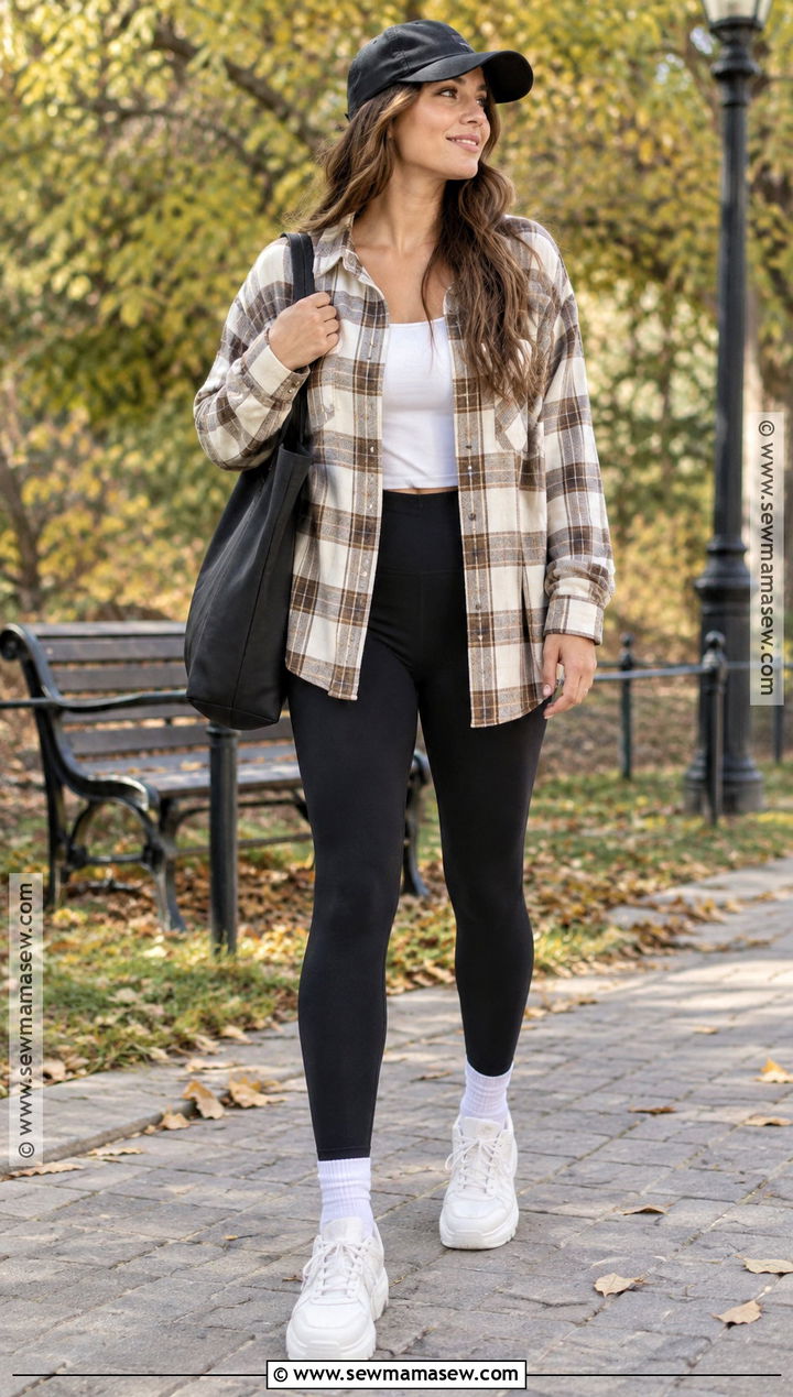 Oversized Checkered Shirt With Black Leggings - 15 checkered shirt fall fashion ideas