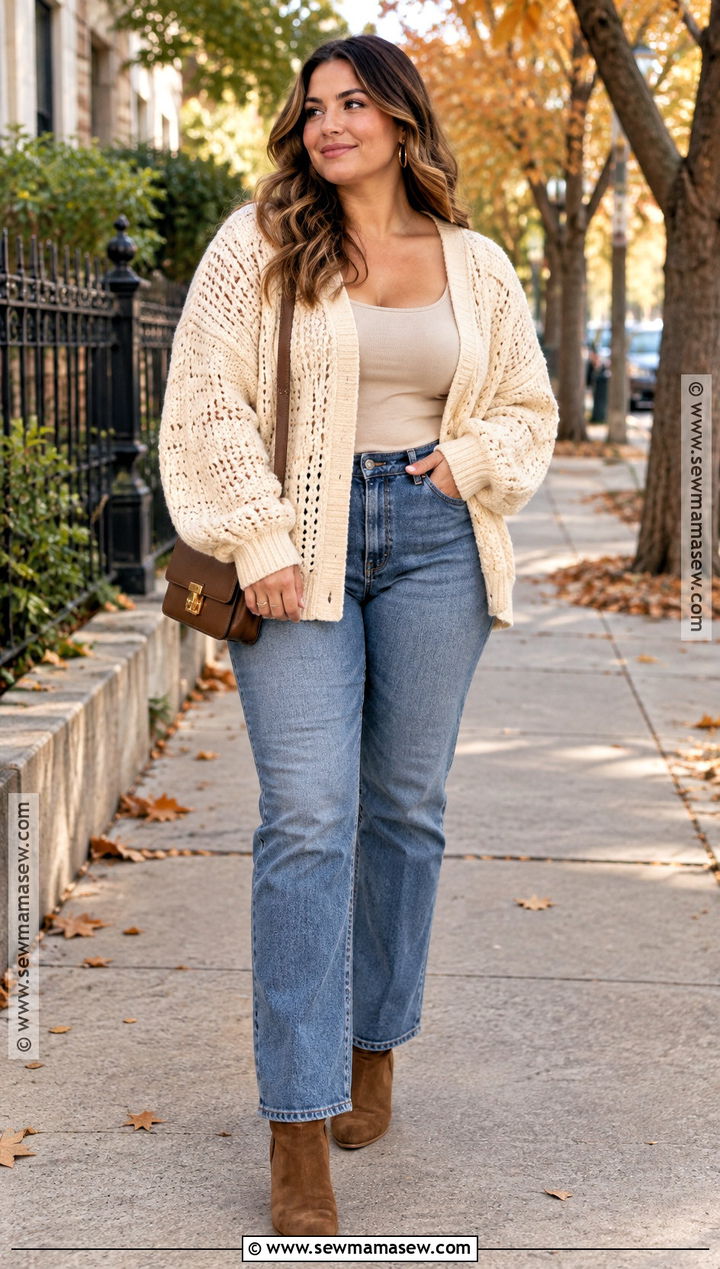 Oversized Cream Crochet Sweater With Straight Leg Jeans - 15 Autumn Crochet Sweater Ideas