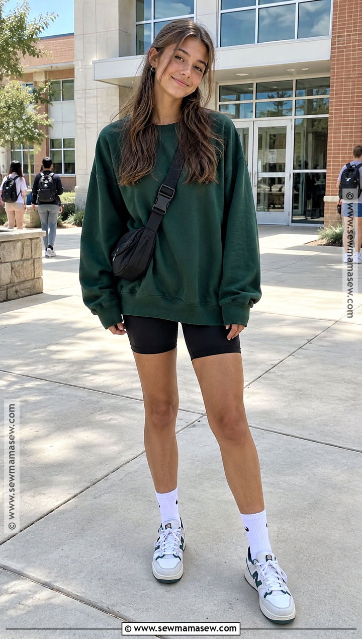 Oversized Crewneck And Biker Shorts School Outfit - 15 lazy back to school outfits