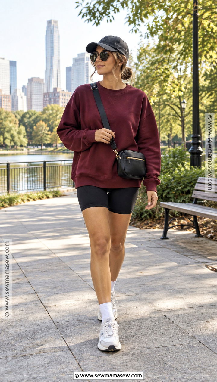 Oversized Crewneck With Biker Shorts And Sneakers - 15 Oversized Crewneck Outfit Fall Ideas
