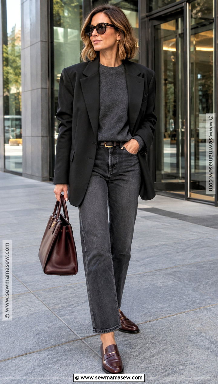 Oversized Crewneck With Blazer And Jeans - 15 Oversized Crewneck Outfit Fall Ideas