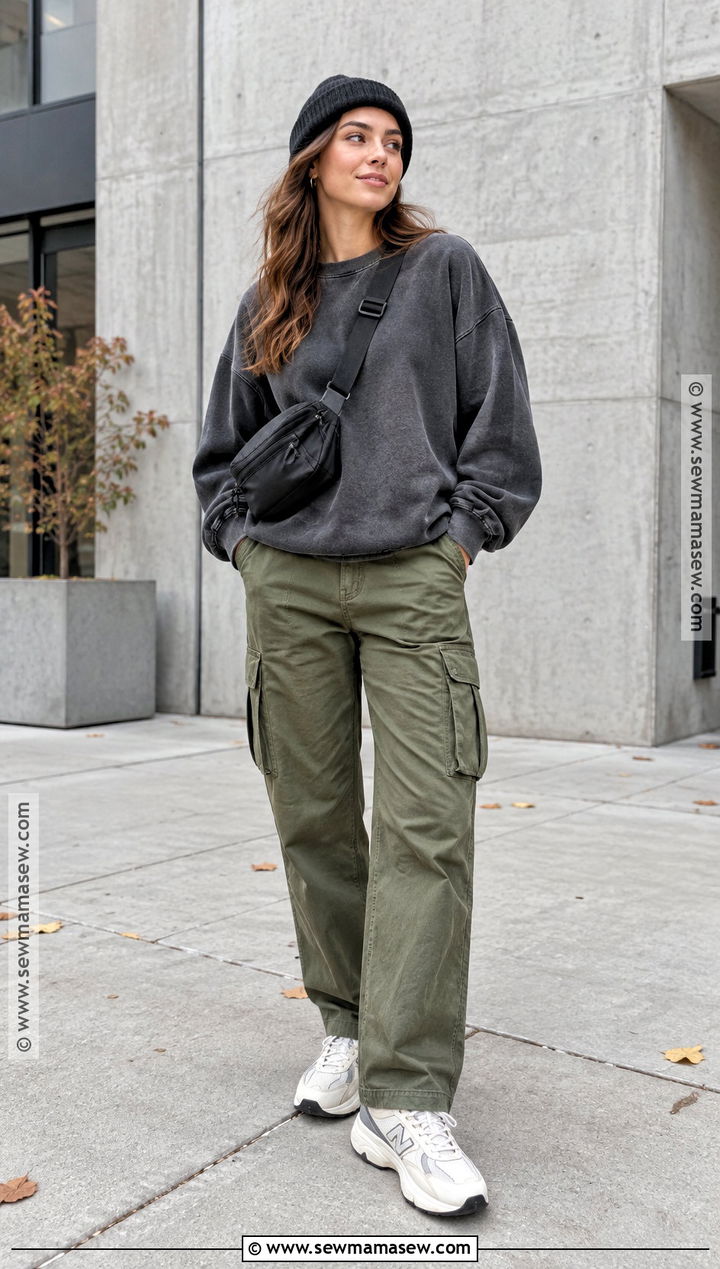 Oversized Crewneck With Cargo Pants And Platform Sneakers - 15 Oversized Crewneck Outfit Fall Ideas