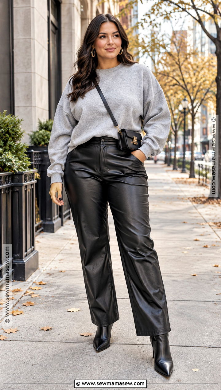 Oversized Crewneck With Faux Leather Pants And Boots - 15 Oversized Crewneck Outfit Fall Ideas
