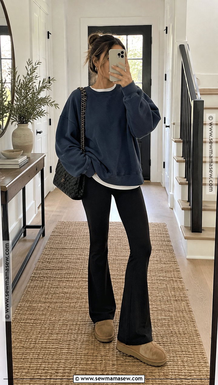 Oversized Crewneck With Flared Leggings And Clogs - 15 Oversized Crewneck Outfit Fall Ideas