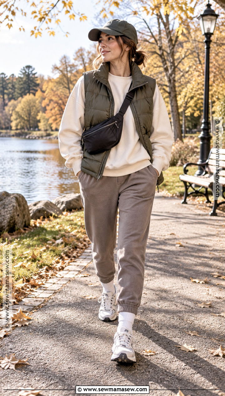 Oversized Crewneck With Puffer Vest And Joggers - 15 Oversized Crewneck Outfit Fall Ideas