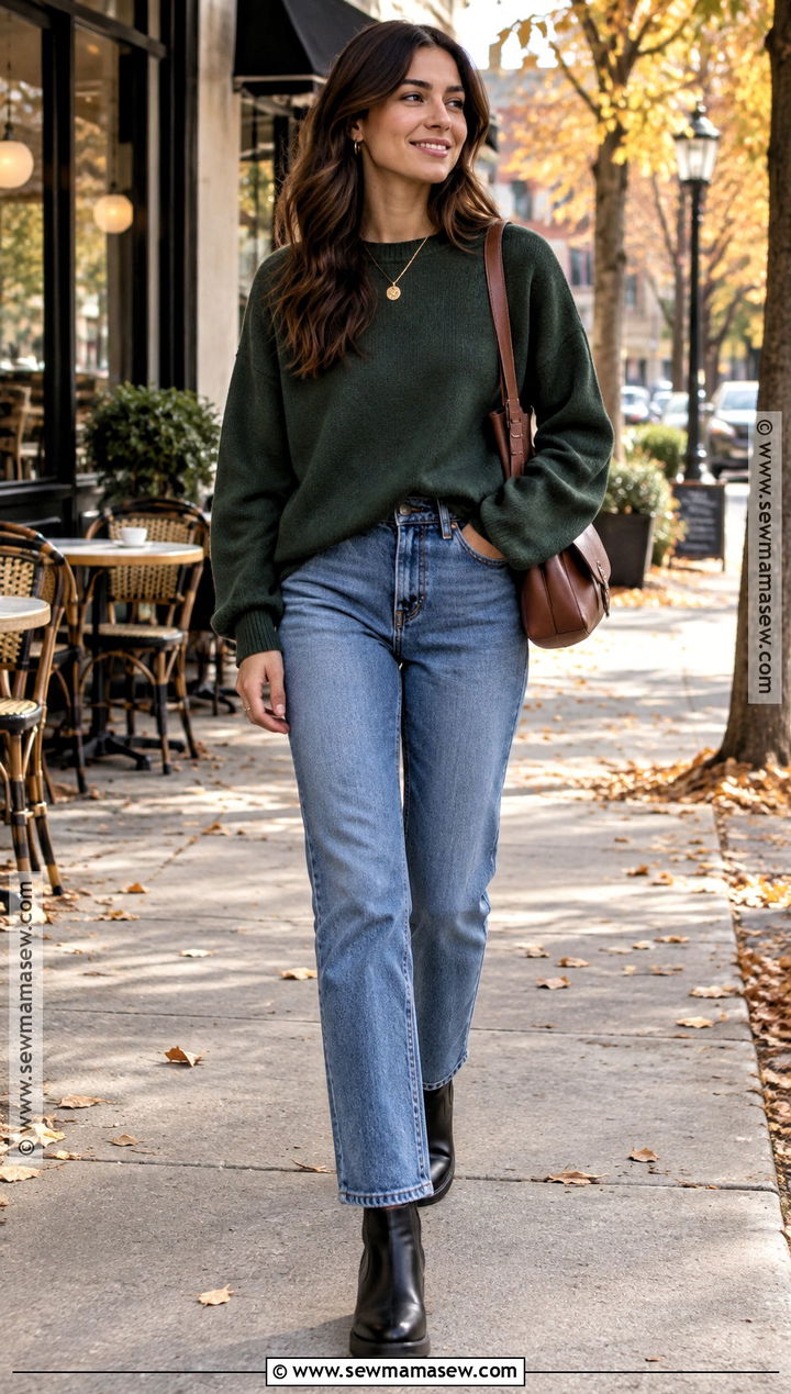 Oversized Crewneck With Straight Leg Jeans And Boots - 15 Oversized Crewneck Outfit Fall Ideas