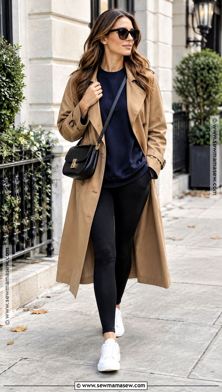 Oversized Crewneck With Trench Coat And Leggings - 15 Oversized Crewneck Outfit Fall Ideas