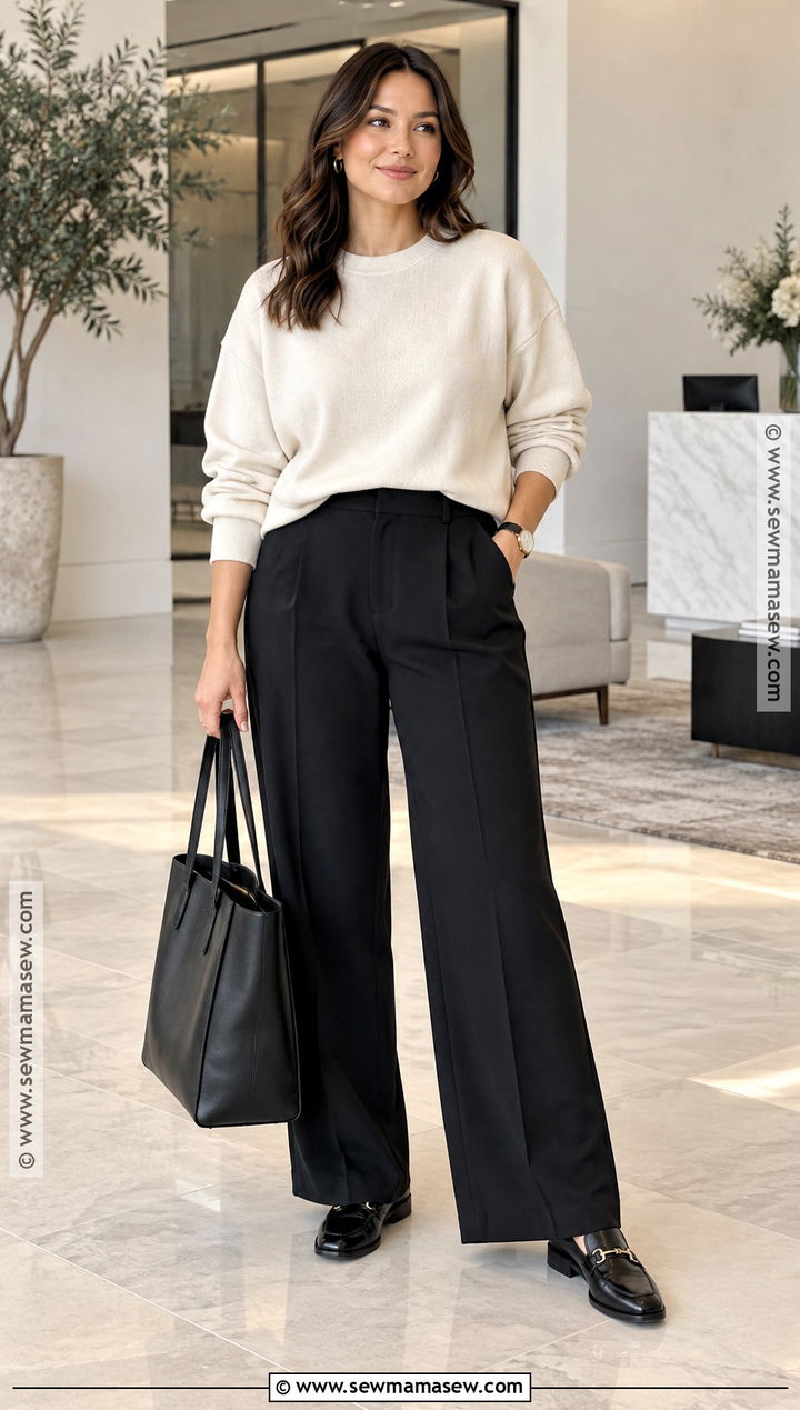 Oversized Crewneck With Wide Leg Trousers And Loafers - 15 Oversized Crewneck Outfit Fall Ideas