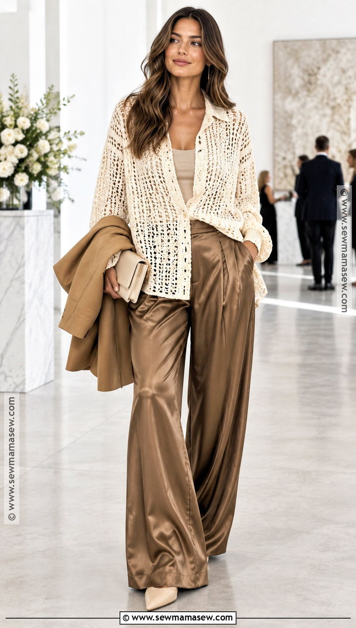 Oversized Crochet Blouse With Satin Pants - 15 fall crochet blouse ideas