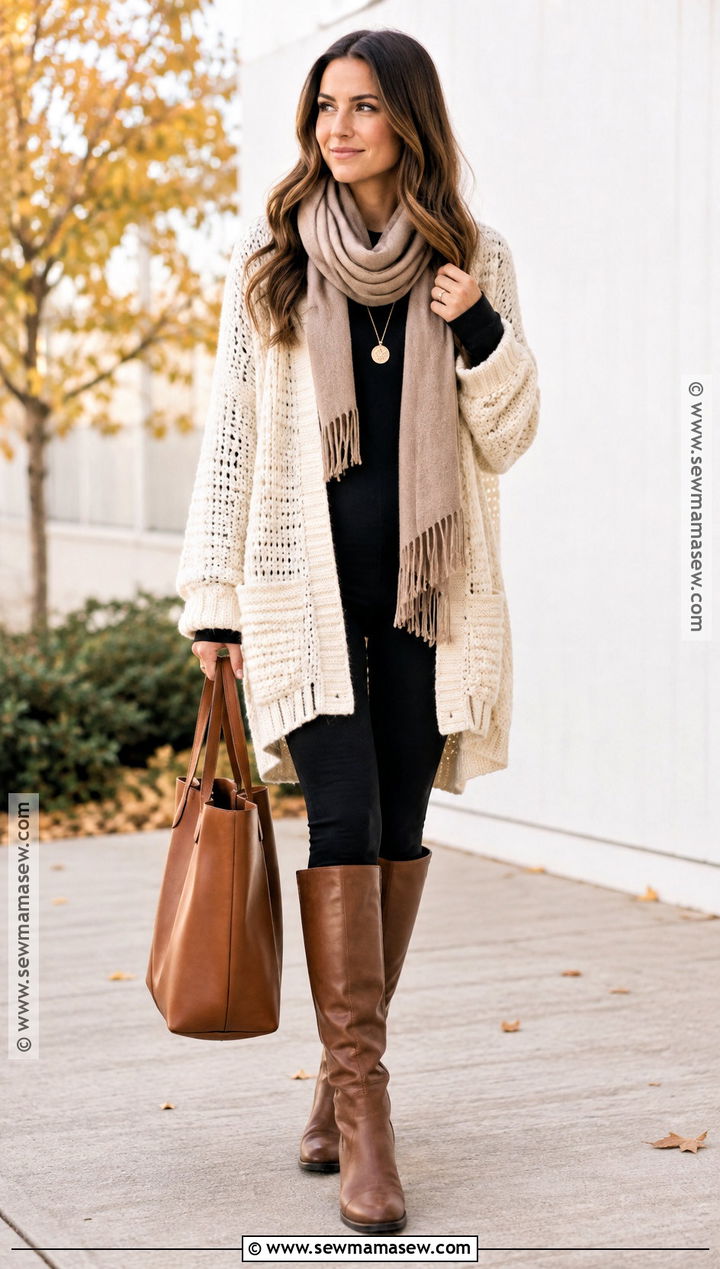 Oversized Crochet Cardigan With Leggings And Boots - 20 fall crochet cardigan ideas