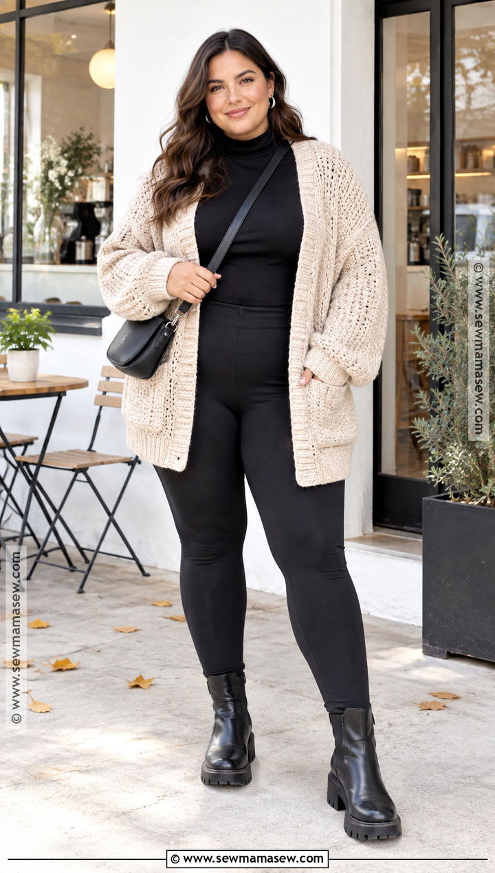 Oversized Crochet Cardigan With Leggings And Boots - 15 Autumn Crochet Cardigan Style Ideas