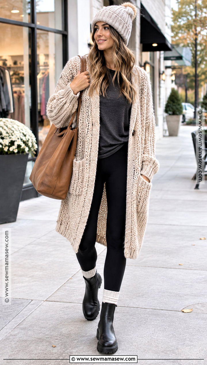 Oversized Crochet Cardigan With Leggings - 15 Crochet Cardigan Fall Fashion Ideas