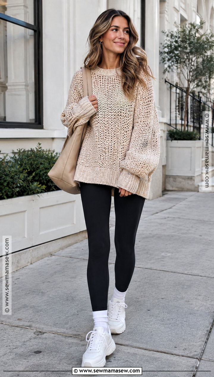 Oversized Crochet Sweater With Black Leggings - 25 fall crochet sweater ideas