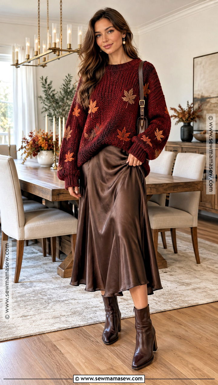 Oversized Crochet Thanksgiving Sweater With Satin Midi Skirt - 15 Crochet Thanksgiving Sweater Ideas
