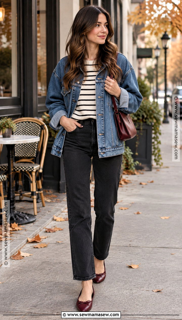 Oversized Denim Jacket With Black Jeans And Striped Top - 20 oversized denim jacket outfit fall ideas