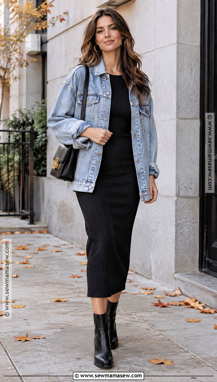 Oversized Denim Jacket With Black Midi Dress - 20 oversized denim jacket outfit fall ideas