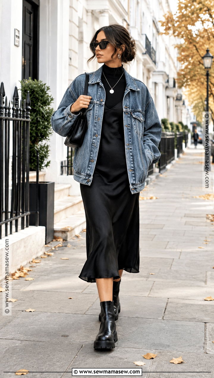 Oversized Denim Jacket With Black Slip Dress And Boots - 25 denim jacket outfit fall ideas