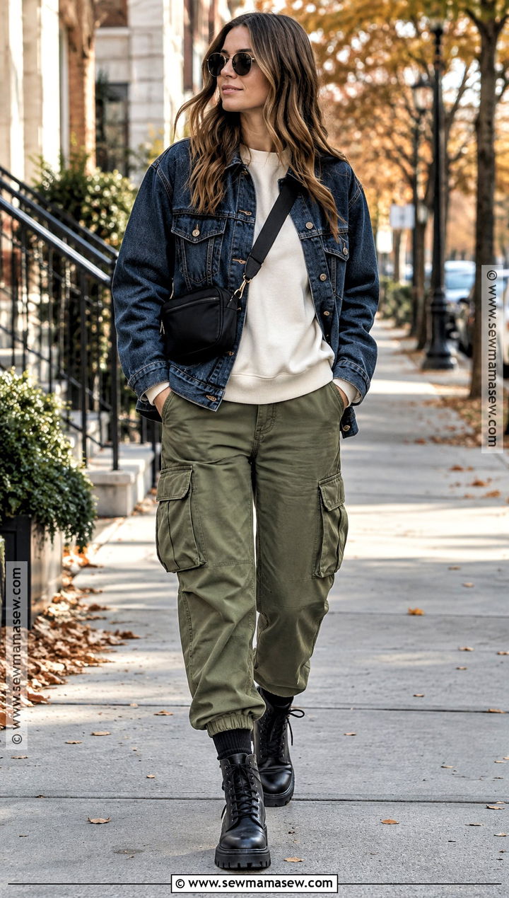 Oversized Denim Jacket With Cargo Pants And Sweatshirt - 20 oversized denim jacket outfit fall ideas