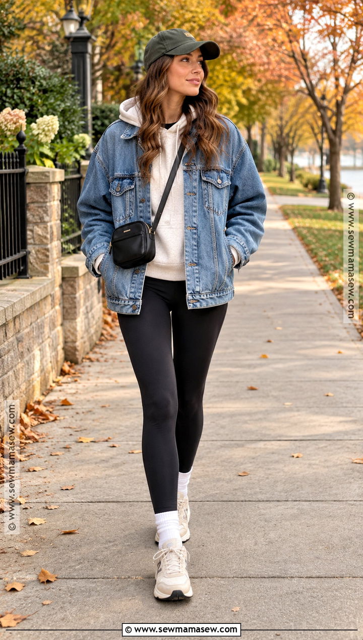 Oversized Denim Jacket With Hoodie And Leggings - 20 fall denim jacket outfit ideas