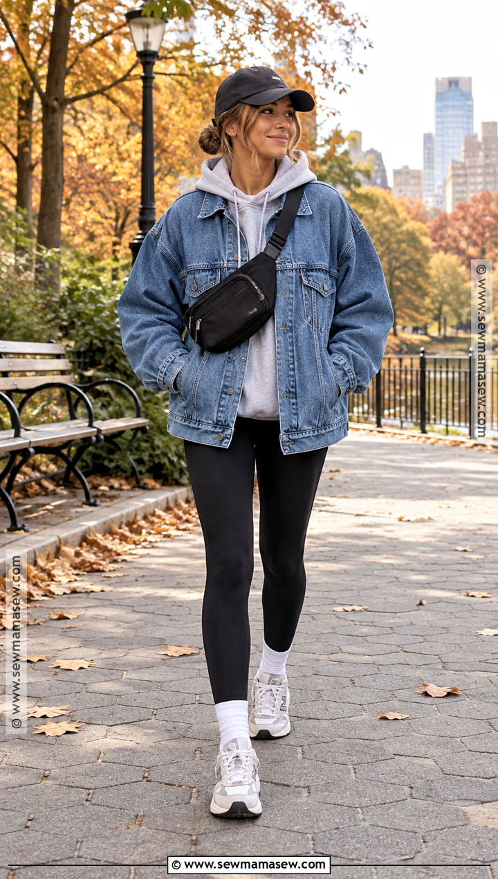 Oversized Denim Jacket With Leggings And Hoodie - 20 oversized denim jacket outfit fall ideas