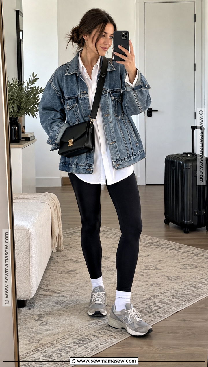 Oversized Denim Jacket With Leggings and Sneakers - 25 fall denim outfits