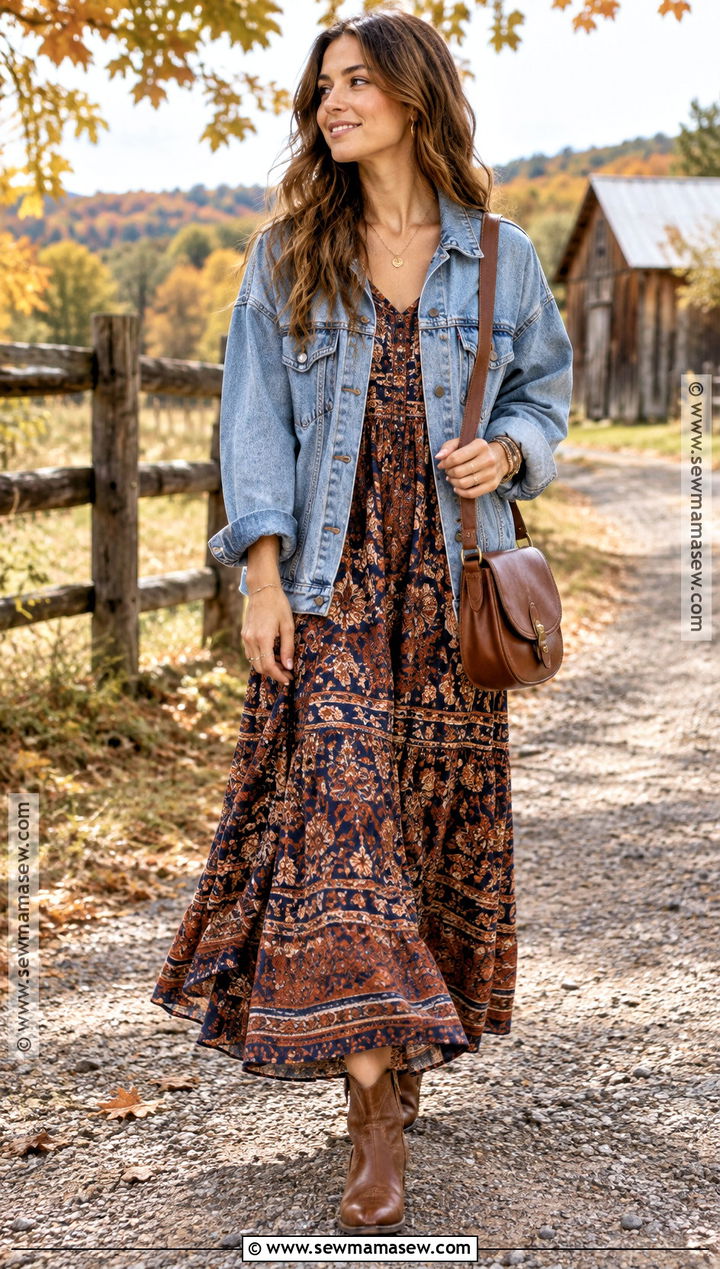 Oversized Denim Jacket With Maxi Dress And Western Boots - 20 oversized denim jacket outfit fall ideas