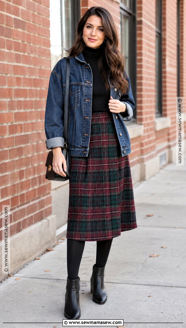 Oversized Denim Jacket With Plaid Skirt And Turtleneck - 20 oversized denim jacket outfit fall ideas
