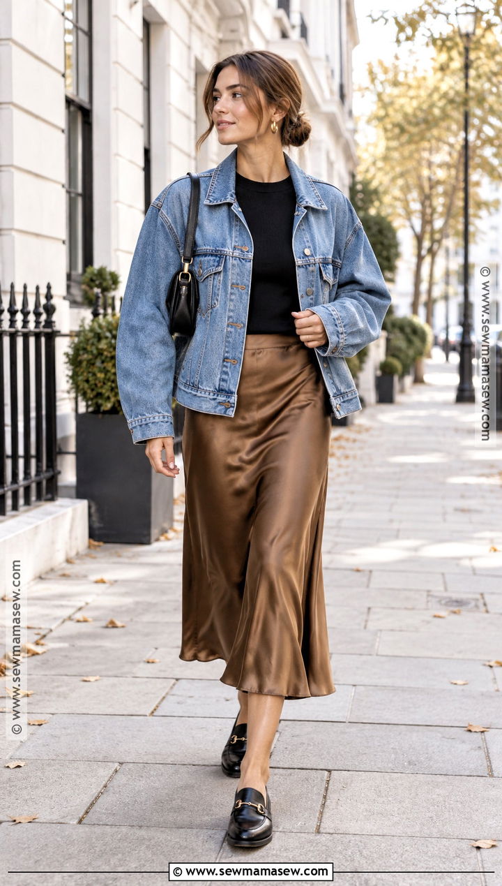 Oversized Denim Jacket With Satin Midi Skirt - 20 oversized denim jacket outfit fall ideas