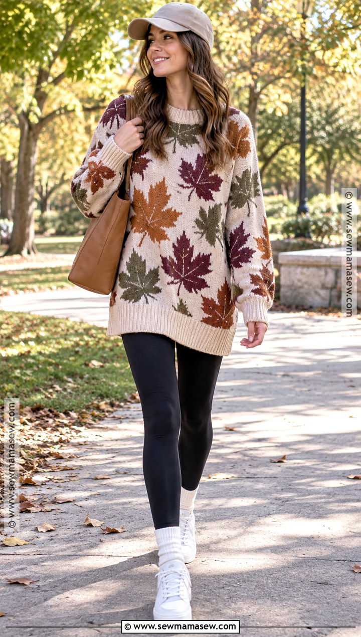 Oversized Fall Leaves Sweater With Leggings And Sneakers - 15 fall leaves sweater ideas