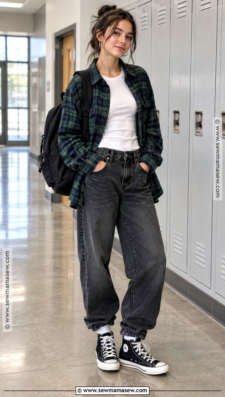 Oversized Flannel And Baggy Jeans Outfit - 15 baggy back to school outfits