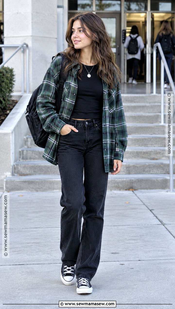 Oversized Flannel And Black Jeans Back To School Outfit - 15 cute basic back to school outfits