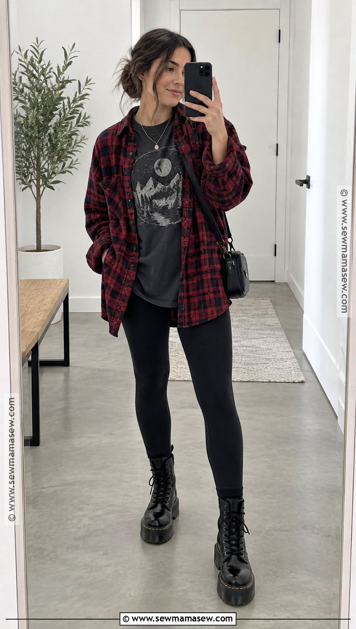 Oversized Flannel And Black Leggings Autumn Rock Outfit - 20 autumn rock outfit ideas