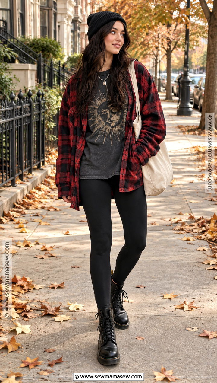 Oversized Flannel And Black Leggings Fall Outfit - 25 alternative fall outfits