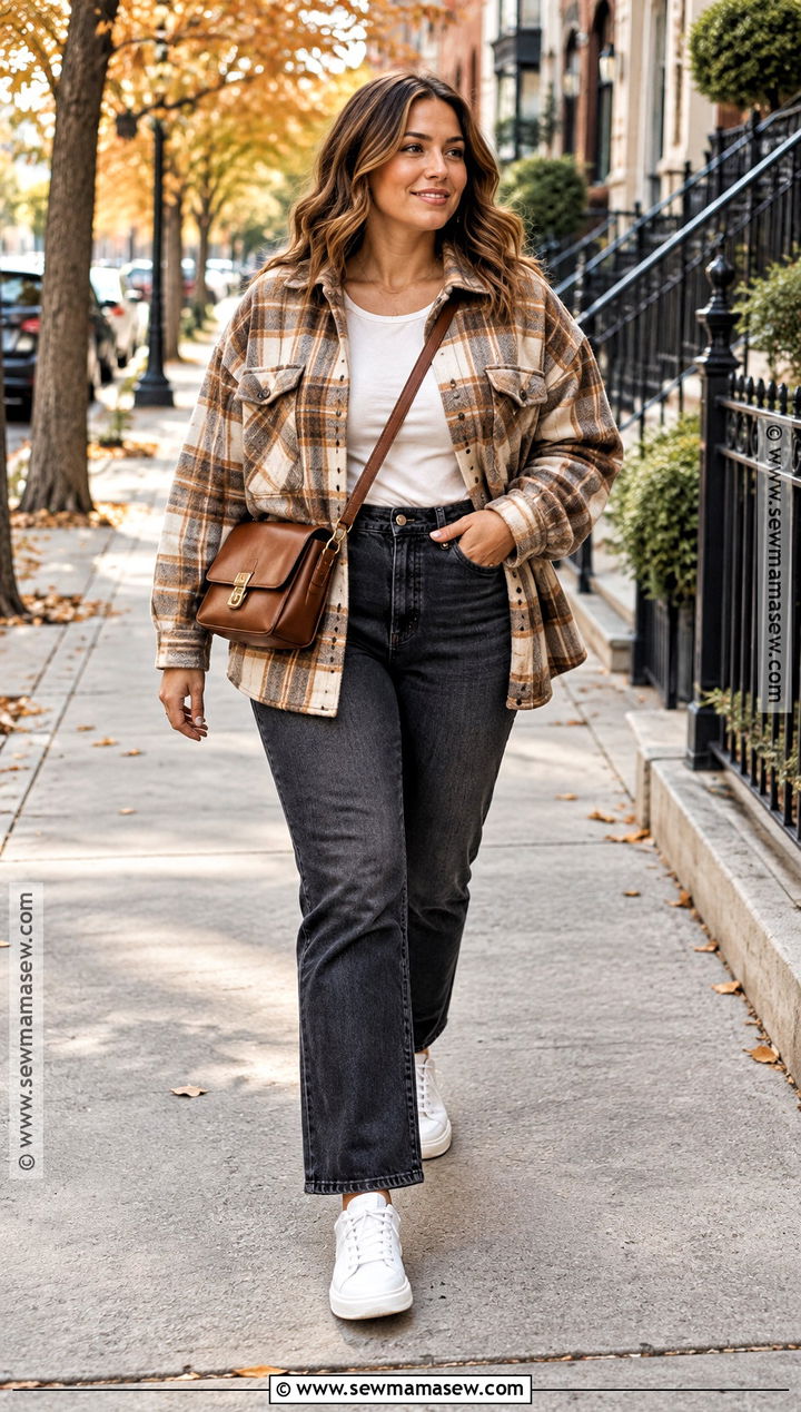 Oversized Flannel Shacket With Straight Leg Jeans - 15 Fall Fashion Flannel Ideas