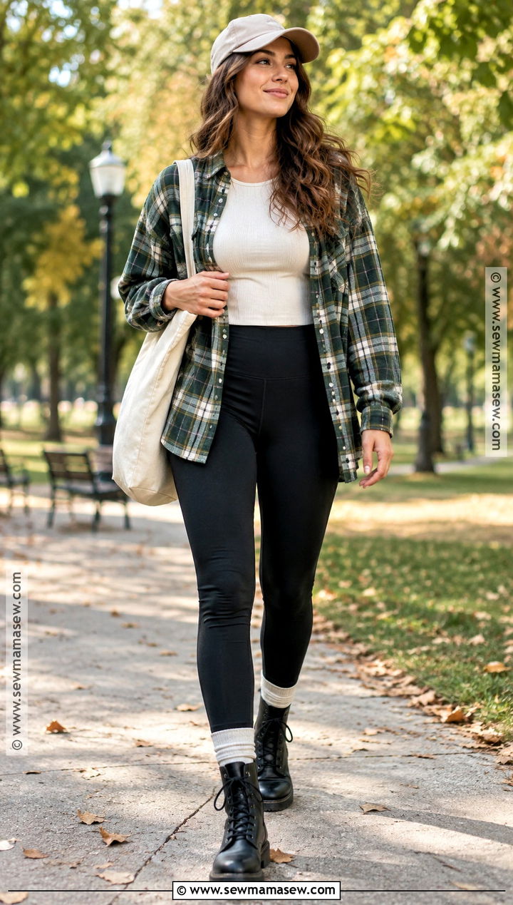 Oversized Flannel Shirt With Leggings - 15 Flannel Shirt Fall Outfit Ideas