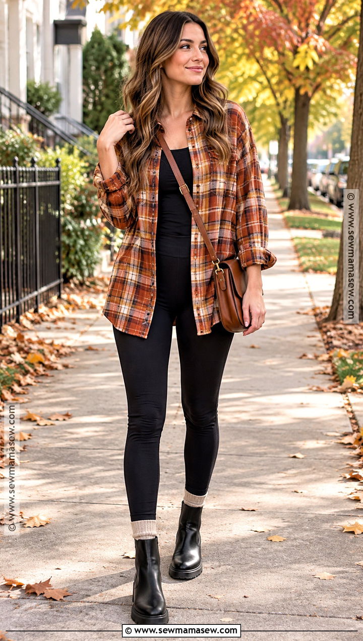 Oversized Flannel With Leggings And Ankle Boots - 15 Cute Fall Outfits Flannel
