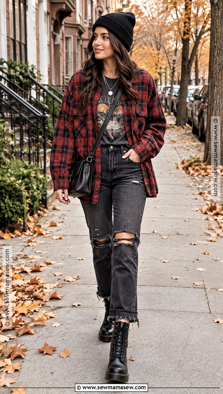 Oversized Flannel and Ripped Black Jeans Grungy Fall Outfit - 25 grungy fall outfits