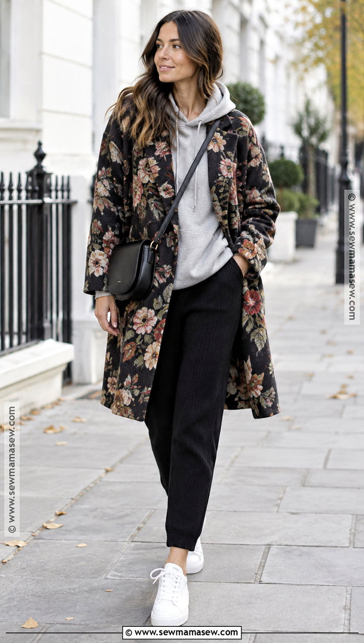 Oversized Floral Coat With Hoodie And Sneakers - 15 autumn floral coat style ideas
