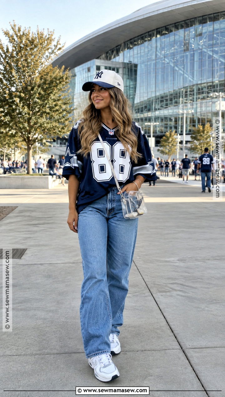 Oversized Football Jersey With Straight Leg Jeans - 20 football game outfit fall ideas