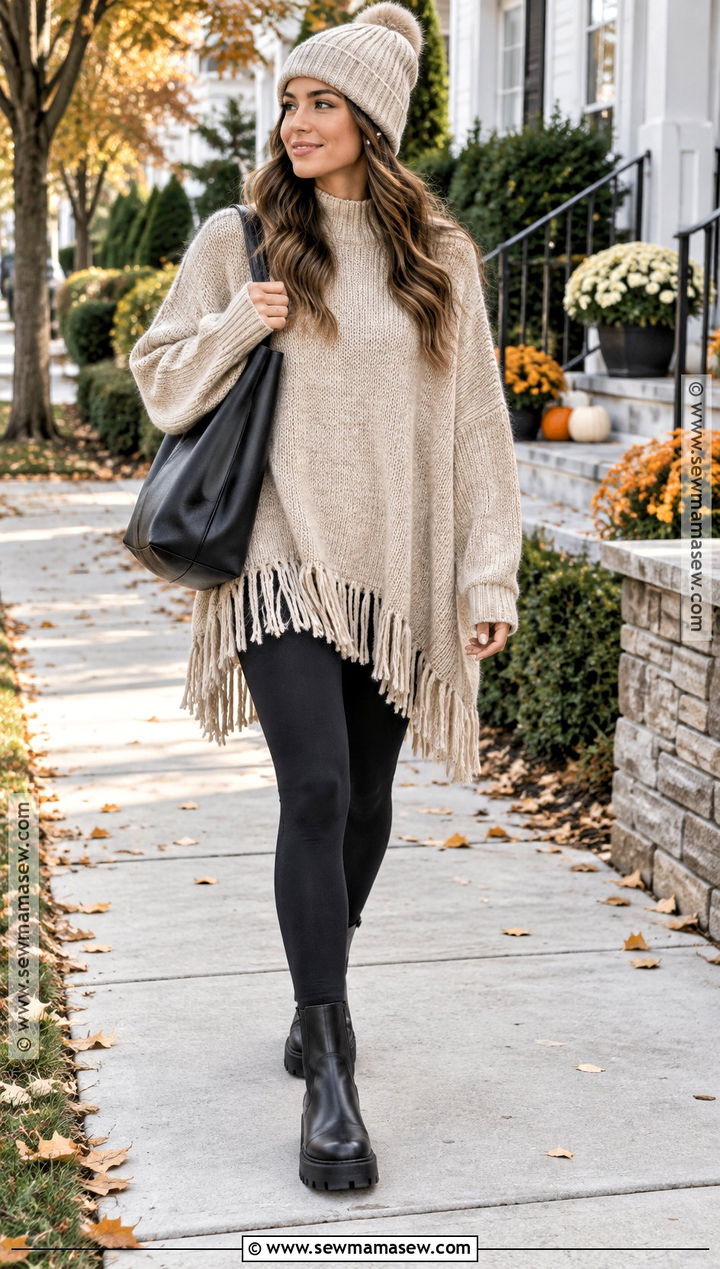 Oversized Fringe Sweater With Leggings - 15 Fringe Sweater Fall Ideas