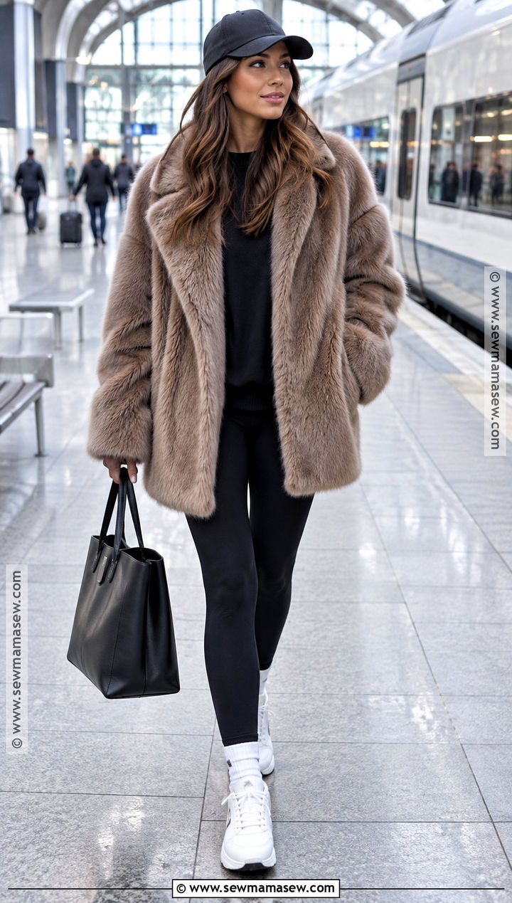 Oversized Fur Coat With Leggings and Sneakers - 15 fall fur coat outfit ideas