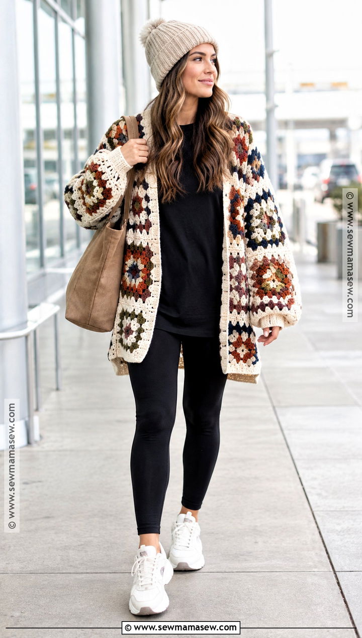 Oversized Granny Square Cardigan With Black Leggings - 15 Crochet Fall Granny Square Cardigan Ideas