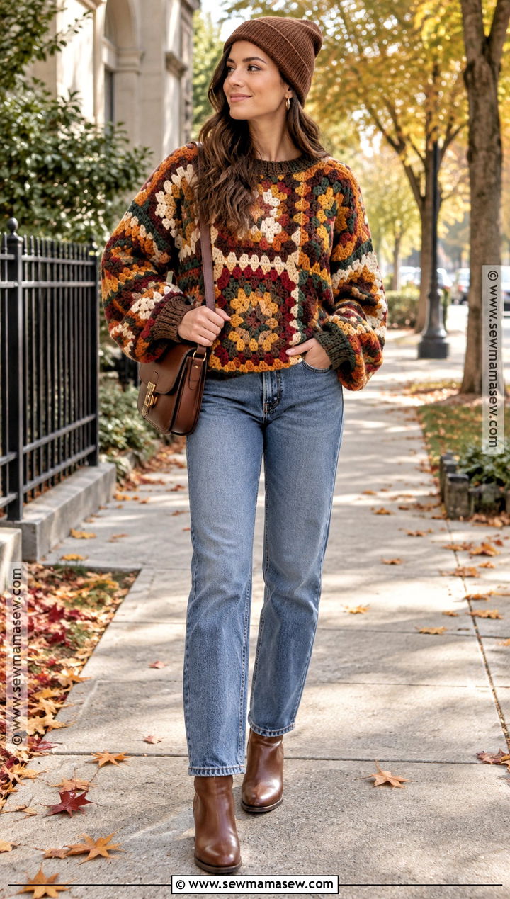 Oversized Granny Square Sweater With Straight Leg Jeans - 15 Fall Granny Square Sweater Ideas